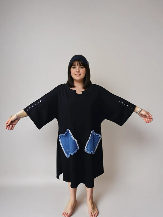 Misbee Denim Patch Oversize Dress – Black